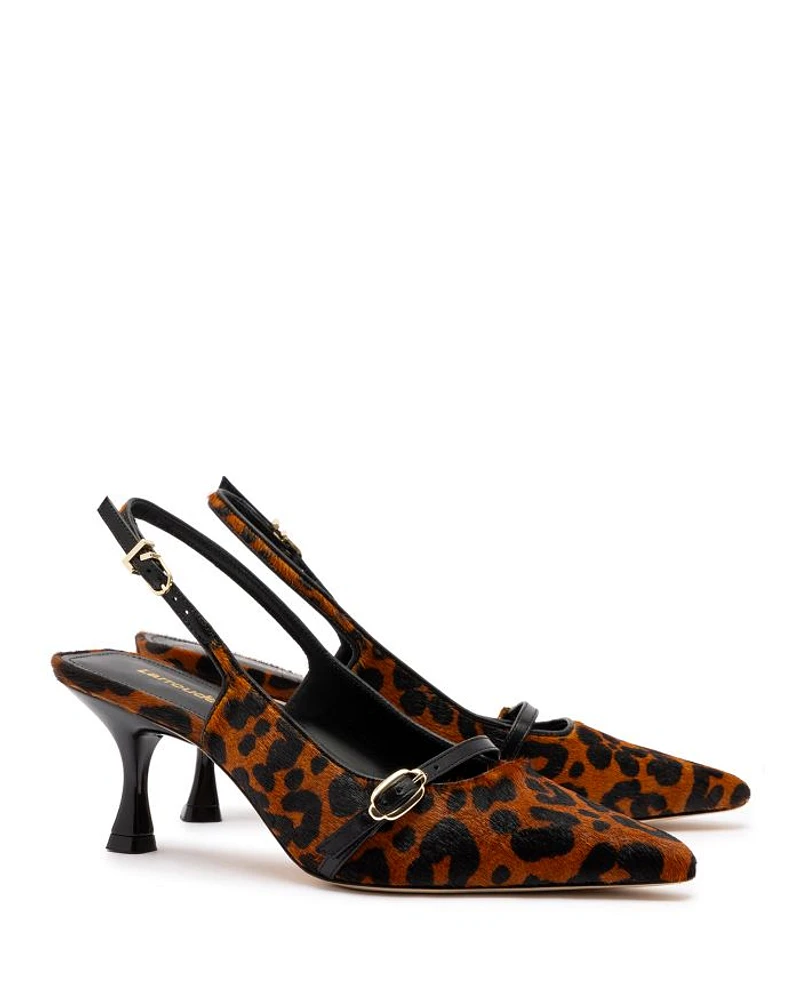 Women's Ines Pointed Toe Animal Print Calf Hair Mid Heel Slingback Pumps