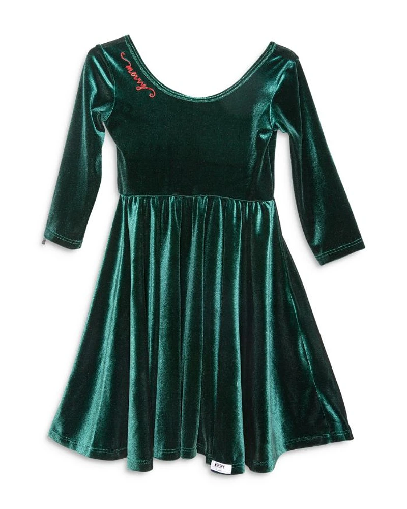 Girls' Holiday Twirly Dress Emerald Stretch Velvet - Little Kid, Big Kid