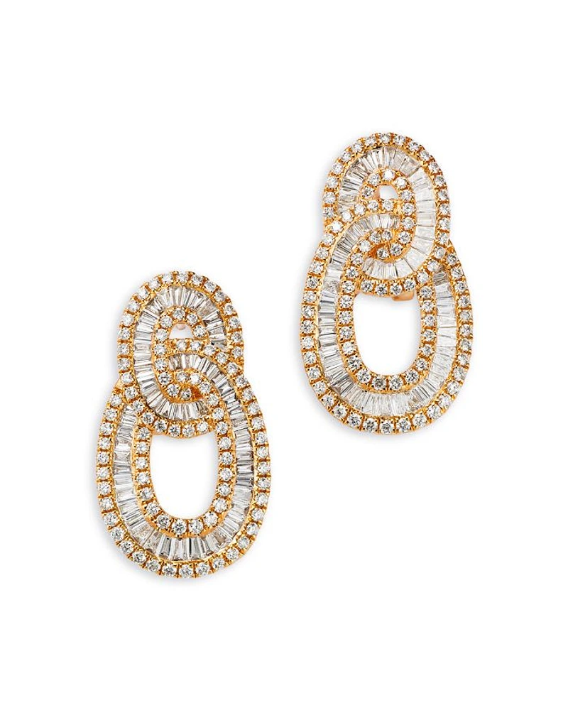 Diamond Baguette & Round Interlocking Circle Drop Earrings in 14K Yellow Gold, 2.67 tcw