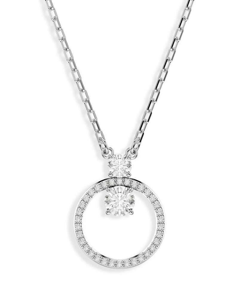 Constella Crystal Circle Pendant Necklace in Rhodium Plated, 14.87"-16.87"