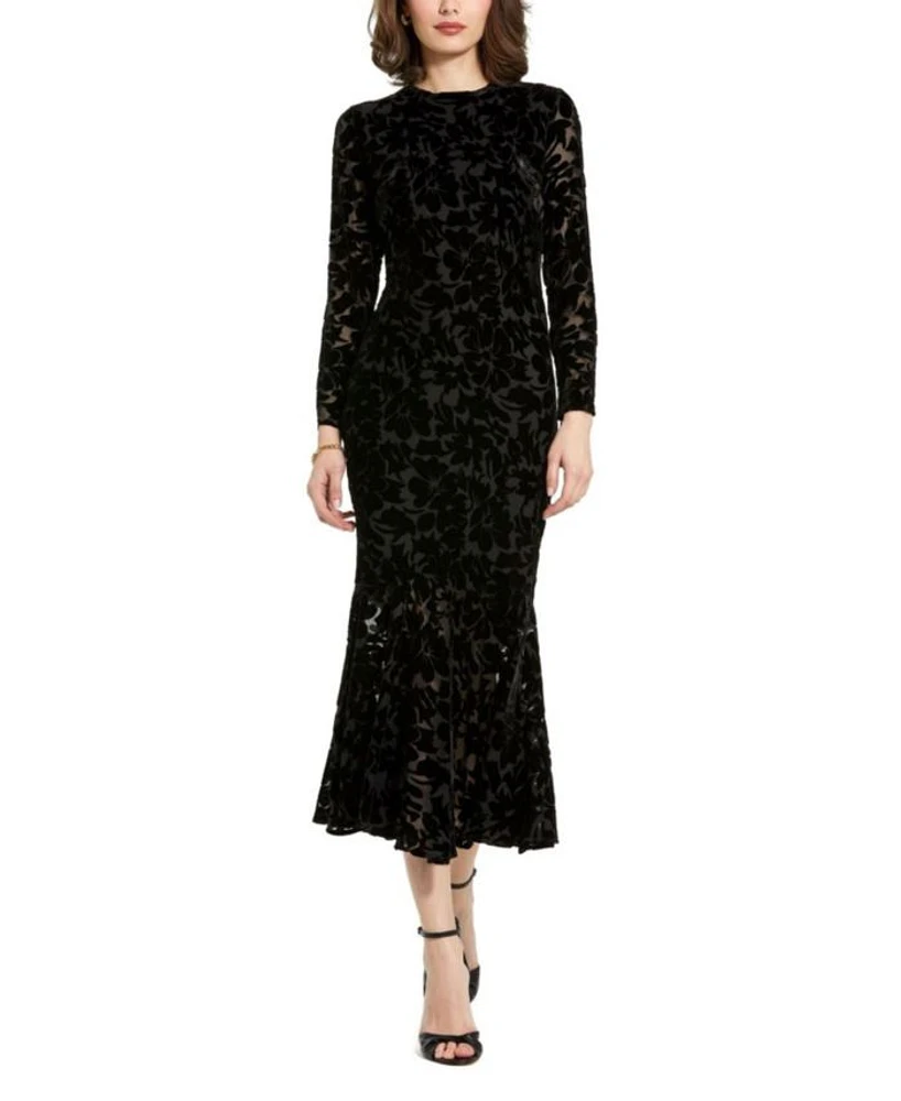 Burnout Velvet Long Sleeve Ruffle Hem Midi Dress