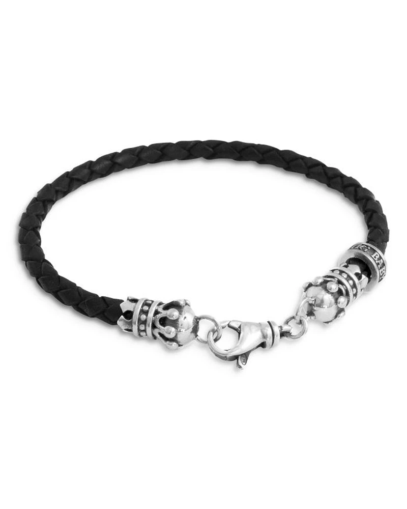 Small Leather Braided Sterling Silver Crown Bracelet