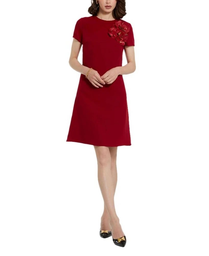 Crepe Cap Sleeve Mini Dress With 3D Flower Details