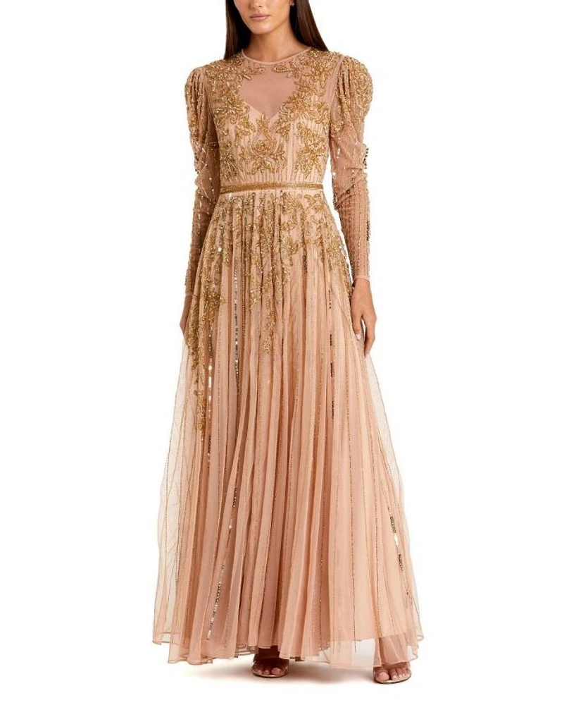 Beaded Illusion Puff Sleeve Gown