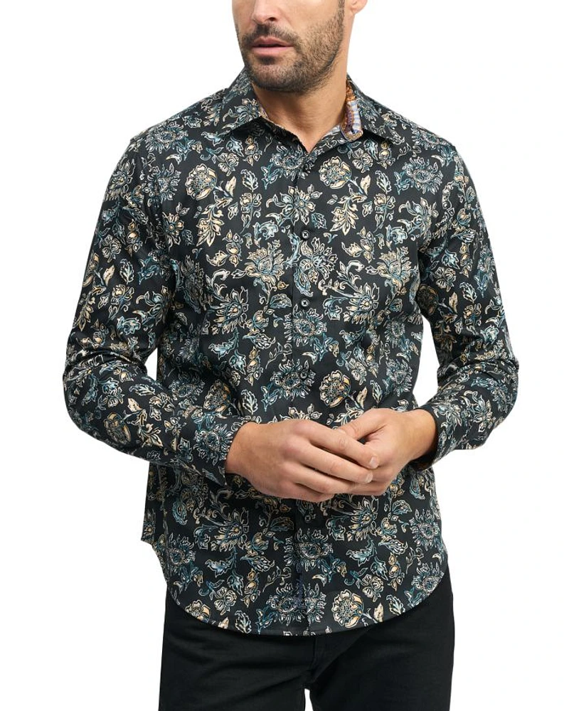 Evans Cotton Stretch Satin Printed Classic Fit Button Down Shirt