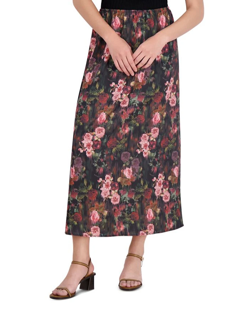 Satin Floral Print Maxi Skirt