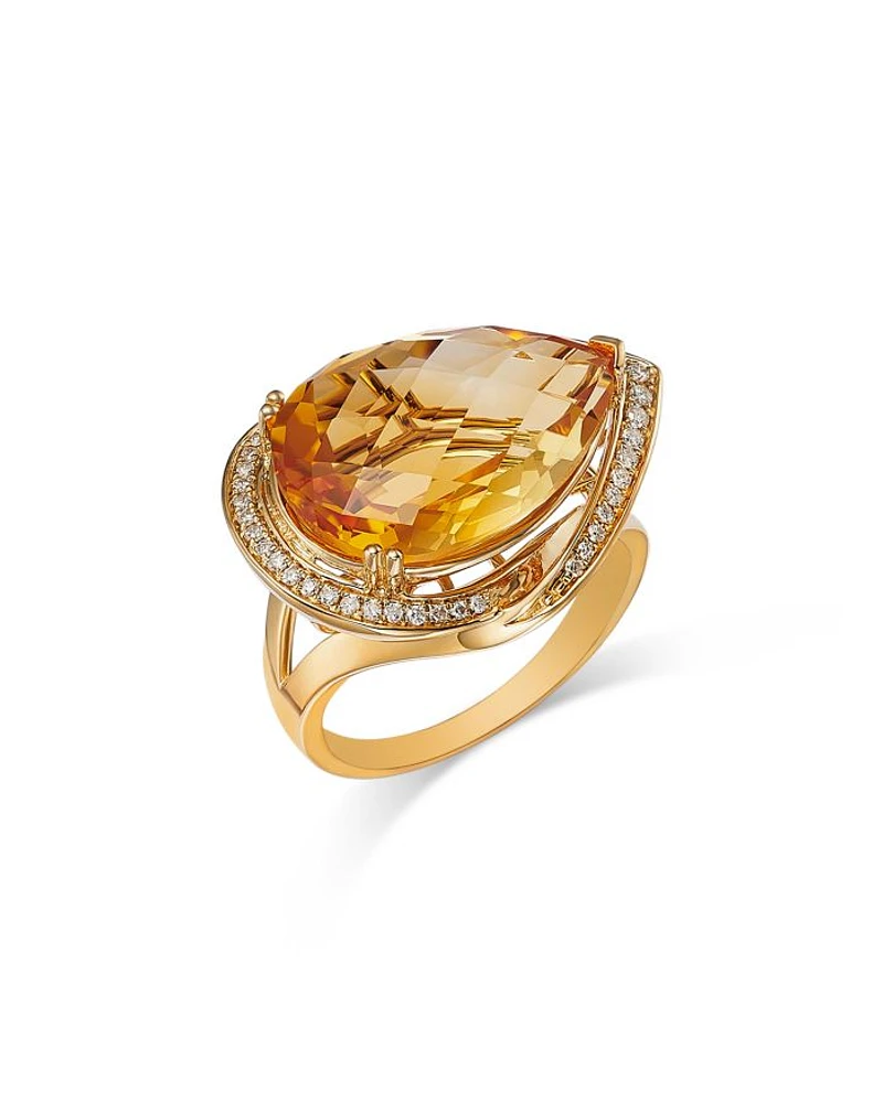 Citrine & Diamond Pear Shaped Ring in 14K Yellow Gold