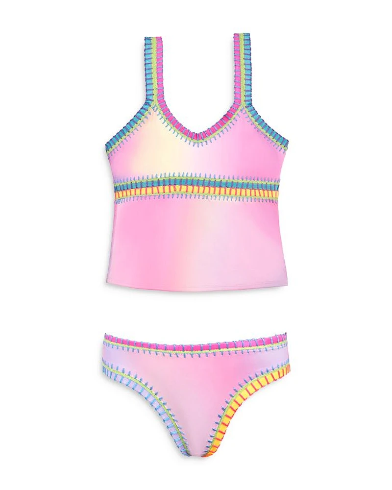 Girls' Rainbow Embroidered Tie Dyed Tankini Two Piece Swimsuit - Little Kid, Big Kid