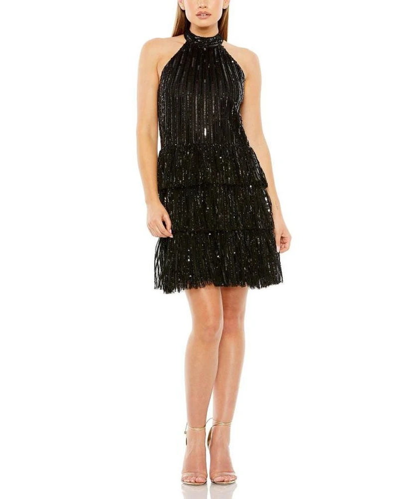 High Neck A-Line Ruffle Sequin Mini Dress