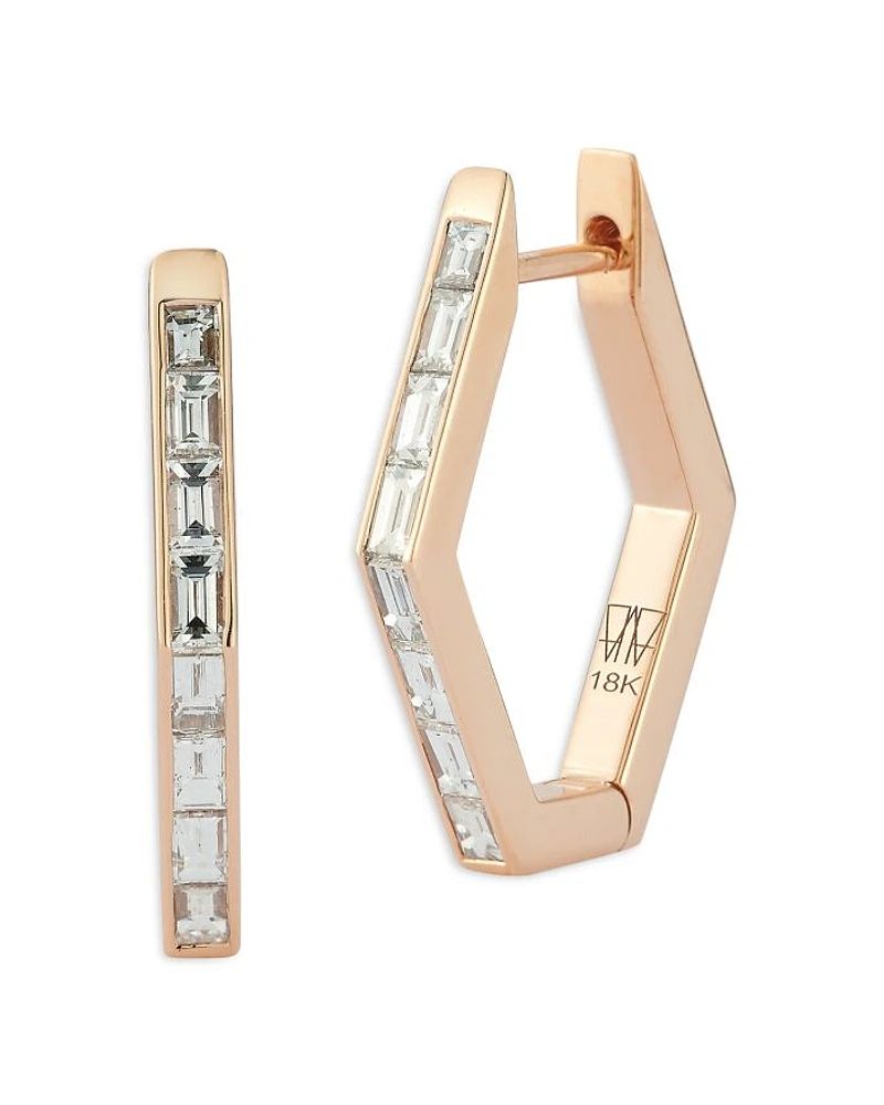 18K Rose Gold Diamond Baguette Hexagon Hoop Earrings