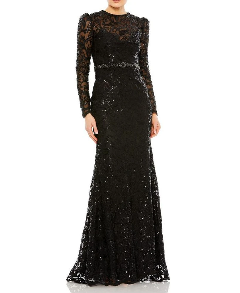 Embellished High Neck Long Sleeve Gown