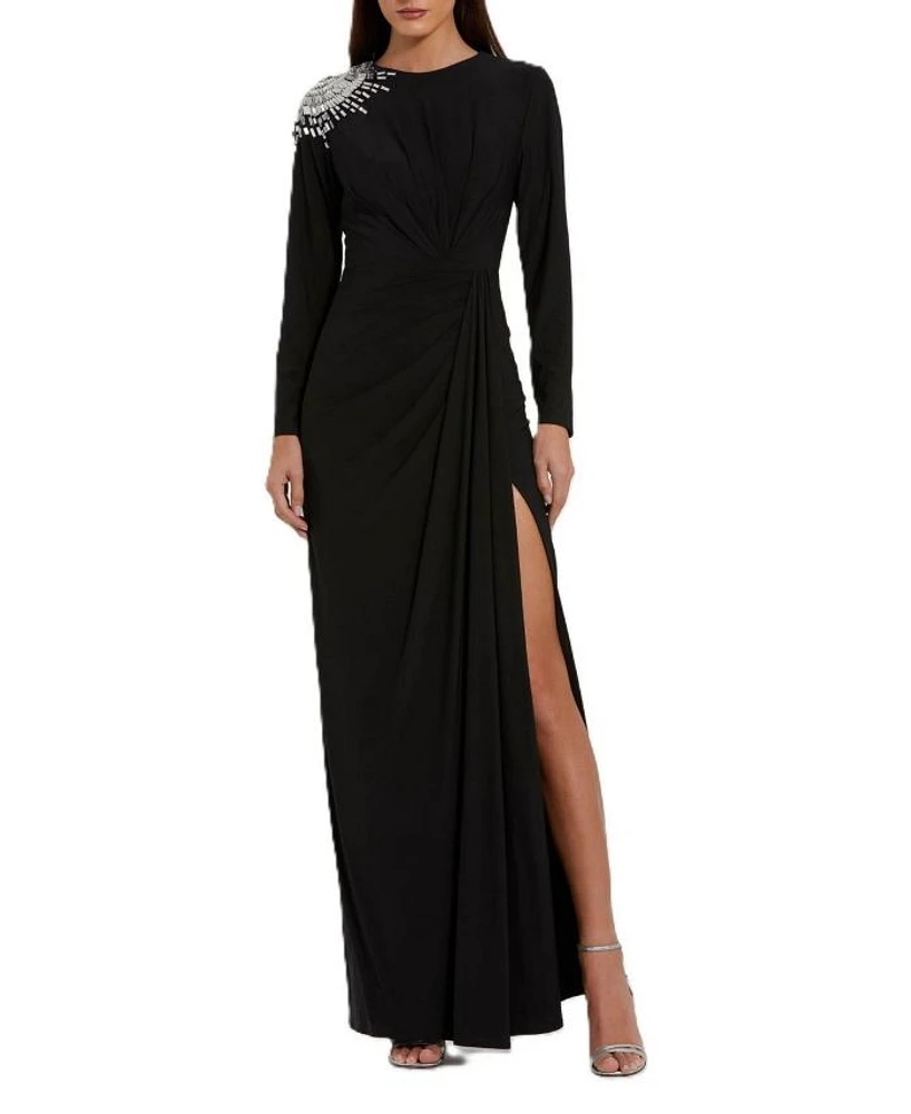 Jersey Long Sleeve Weap Gown With Beaded Shoulder