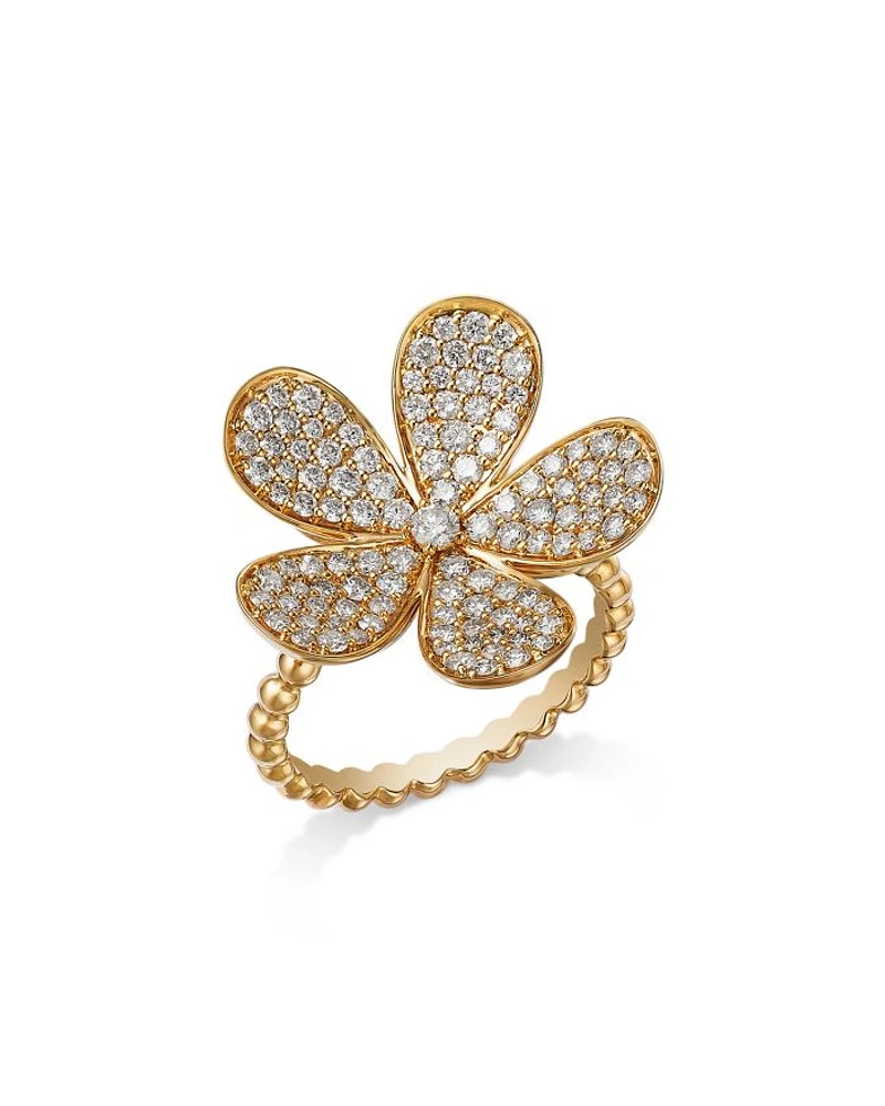 14K Yellow Gold Diamond Flower Ring, 1.25 tcw