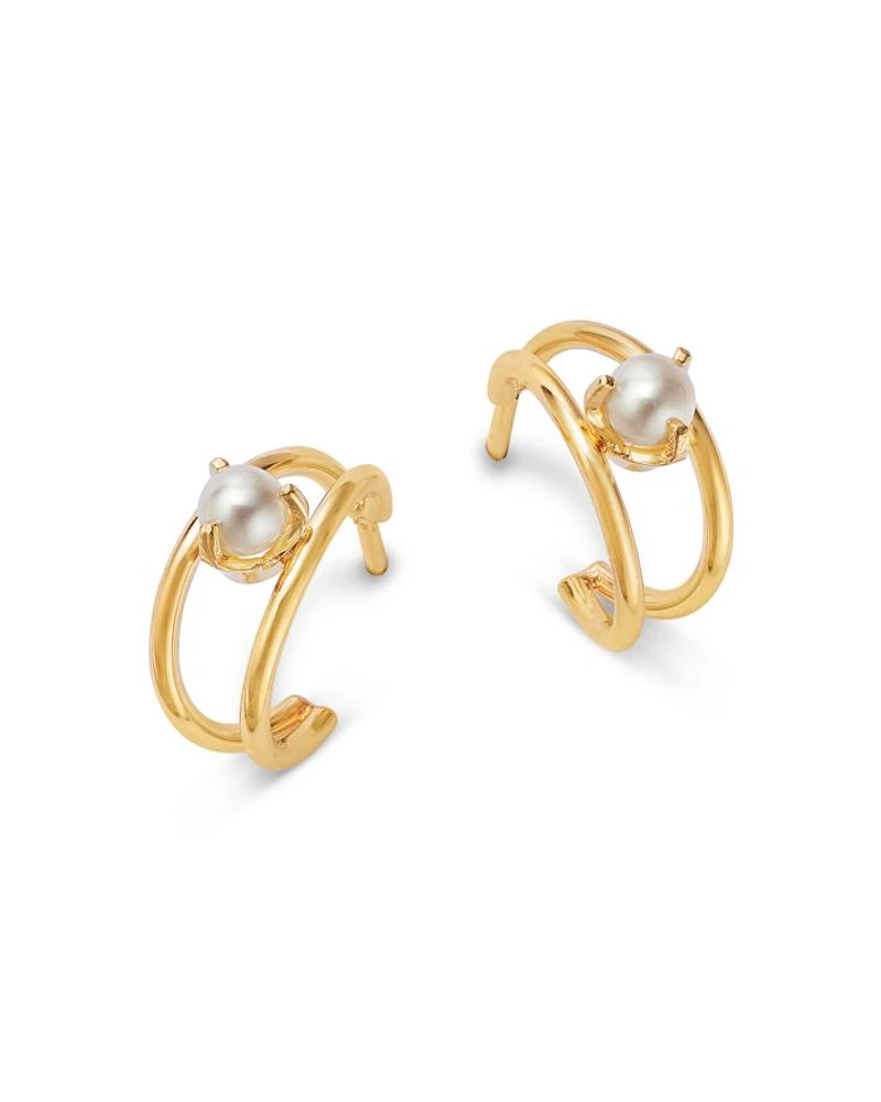14K Yellow Gold Nested Prong Cultured Freshwater Pearl Double Wire Hoop Earrings