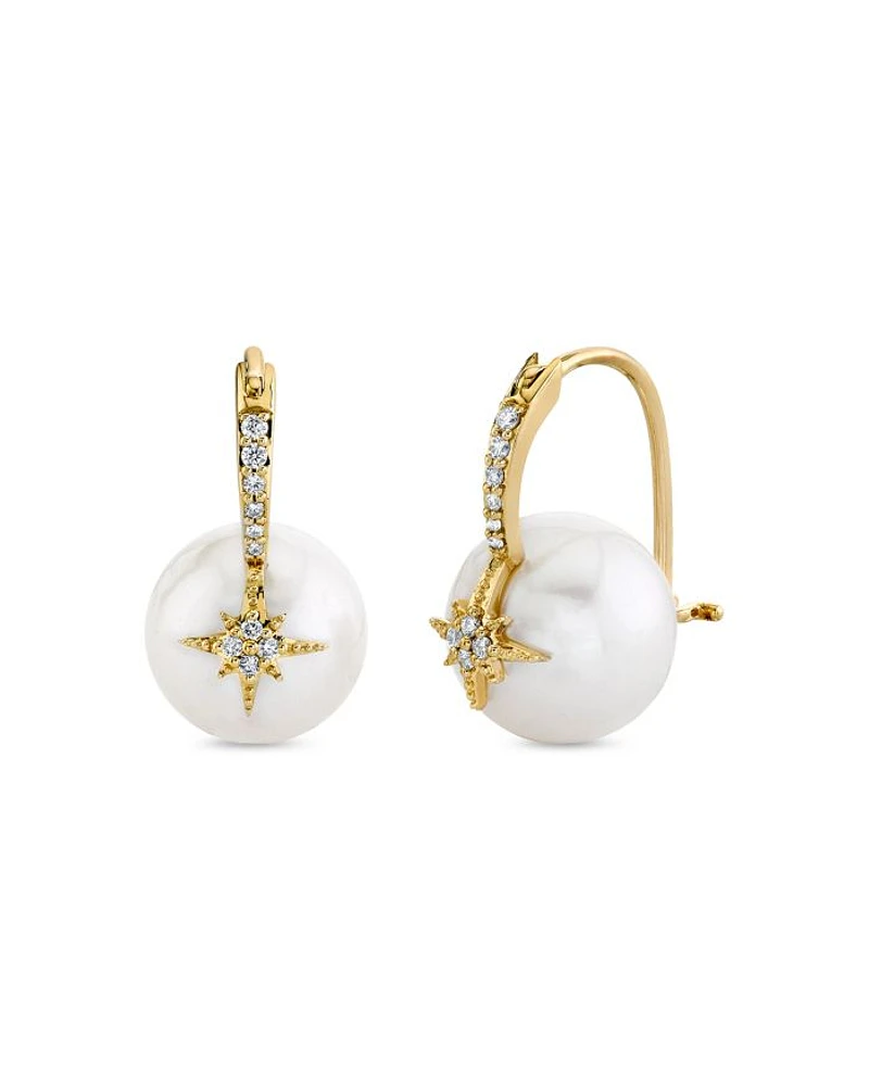 14K Yellow Gold Freshwater Pearl & Diamond Pavé Starburst Bead Earrings, 0.09 tcw
