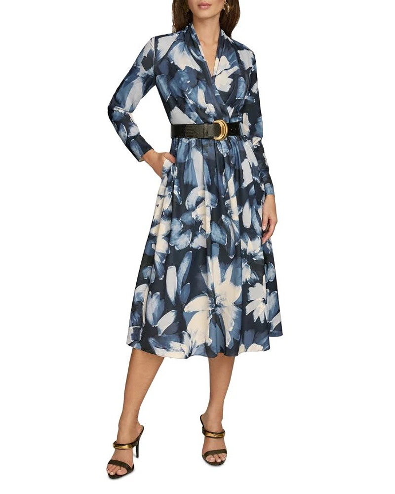 Belted Long Sleeve Midi Satin Dress