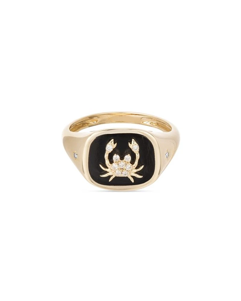 14K Yellow Gold Diamond & Ceramic Zodiac Cancer Signet Ring, 0.04 tcw
