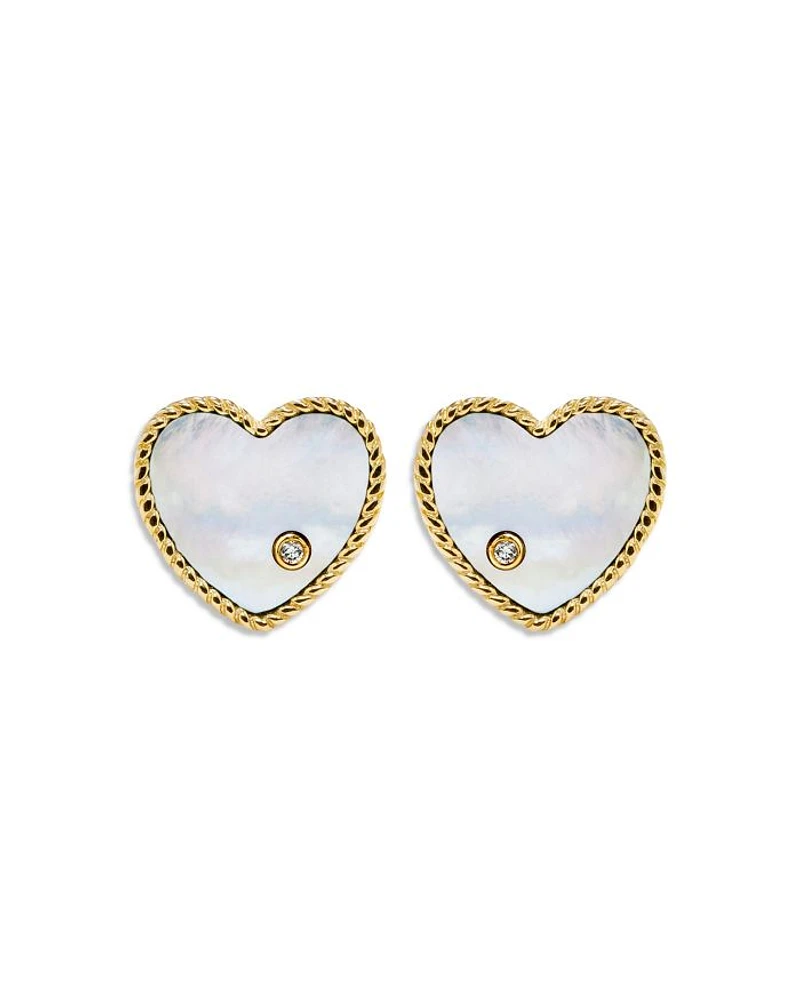 9K Yellow Gold Paire de Baby Puces Coeur Nacre Mother of Pearl & Diamond Heart Stud Earrings