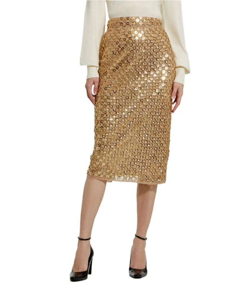 Embellished Mesh Fitted Midi Pencil Skirt