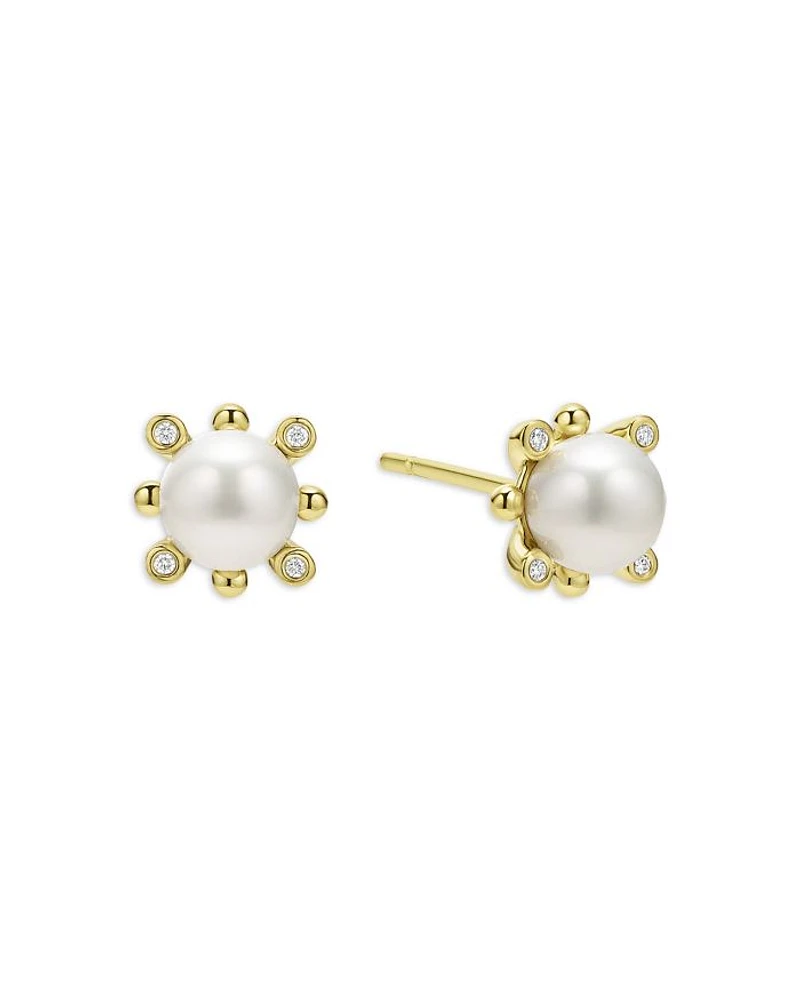 18K Yellow Gold Luna Cultured Pearl & Diamond Fleur Stud Earrings