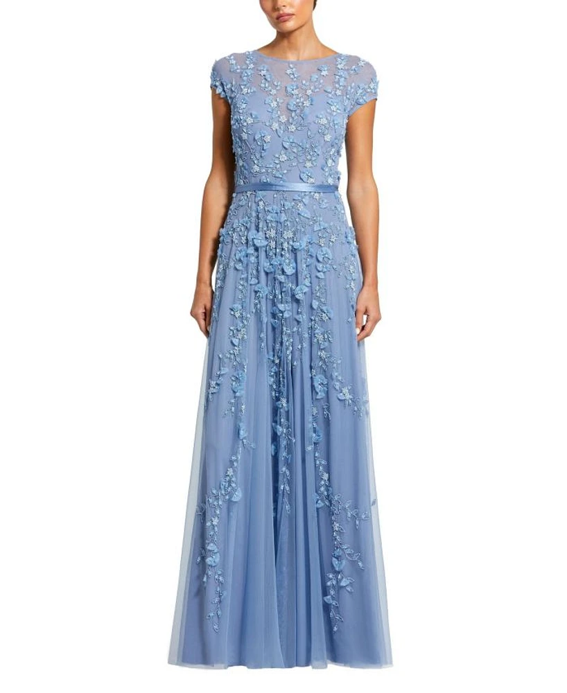 Floral Embellished Short Sleeve Mesh Gown