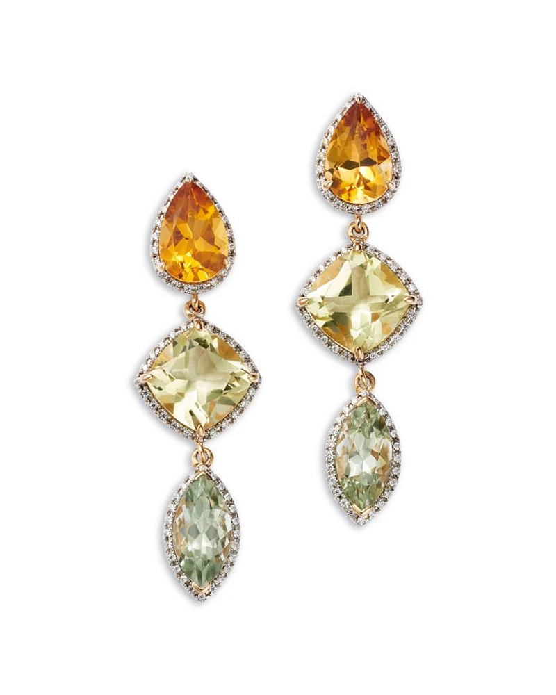 Mixed Cut Multi Gemstone & Diamond Drop Earrings in 14K Yellow Gold