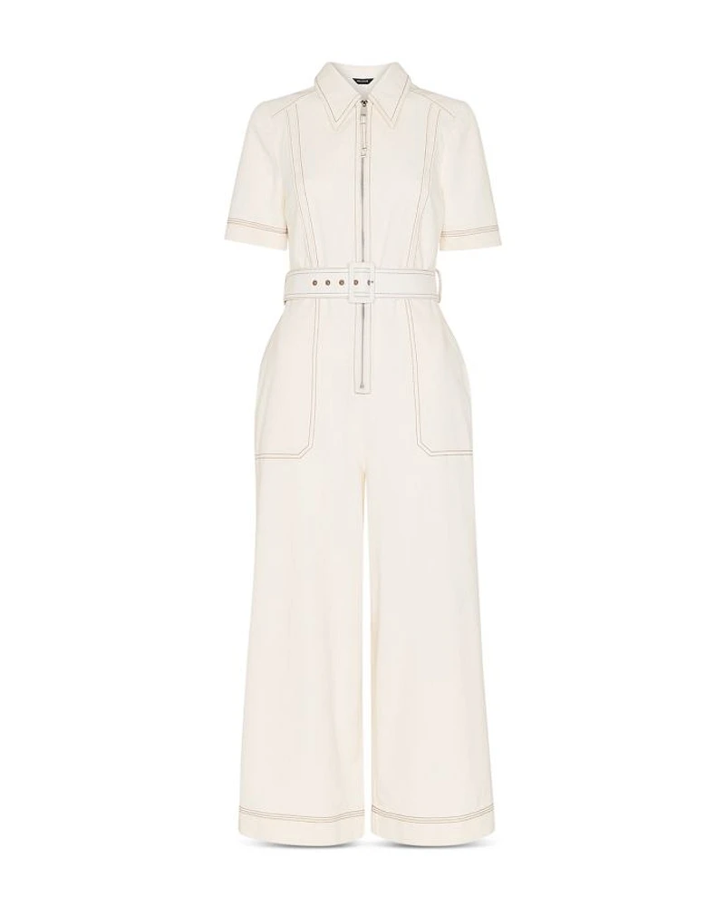 Petite Denim Pintuck Belted Jumpsuit