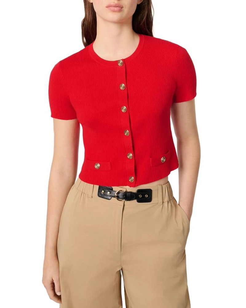 Cropped Gold Tone Buttons Crewneck Cardigan