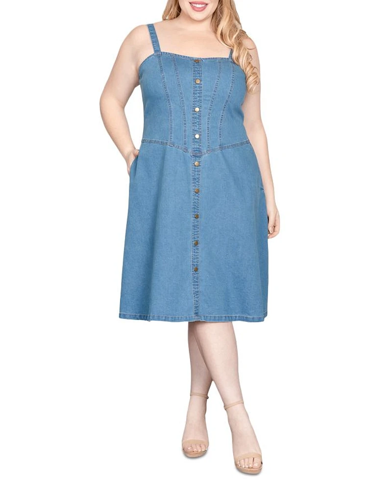 Wide Straps Button Front Denim Dress
