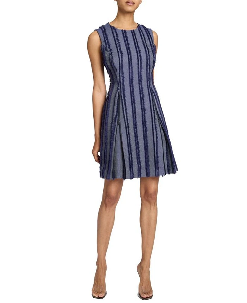 IDA Sleeveless Stripe Fringed Denim Shift Dress with Skirt Zipper Detail