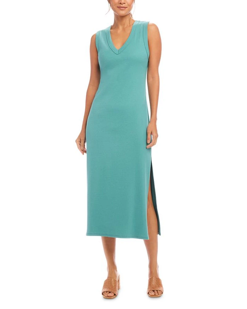 Ribbed V Neck Midi Column Dress