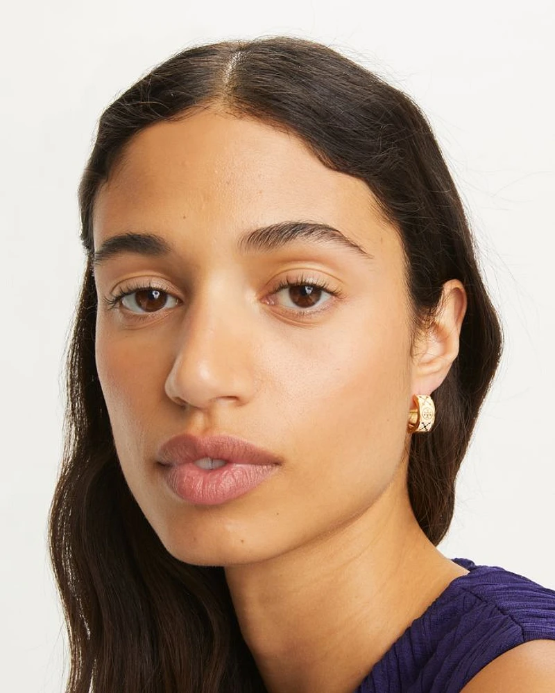 Small Double T Monogram Hoop Earrings in Gold Tone Stainless Steel