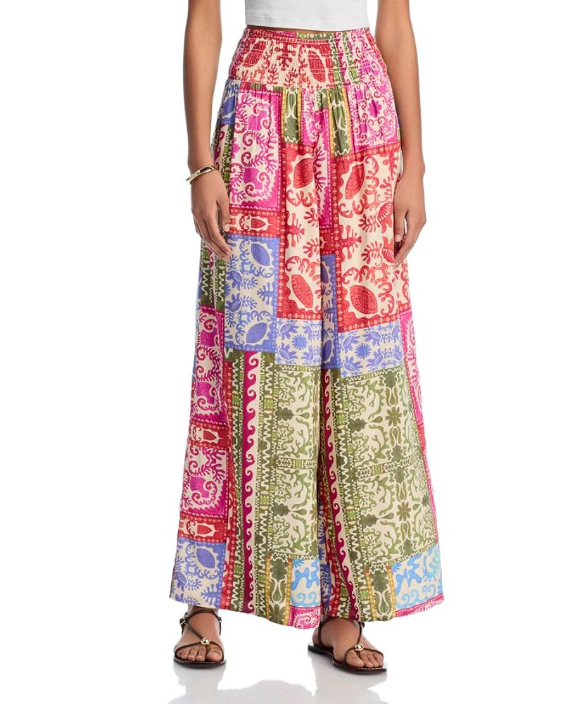 Mixed Print Smocked Waist Wide Leg Pants - Exclusive