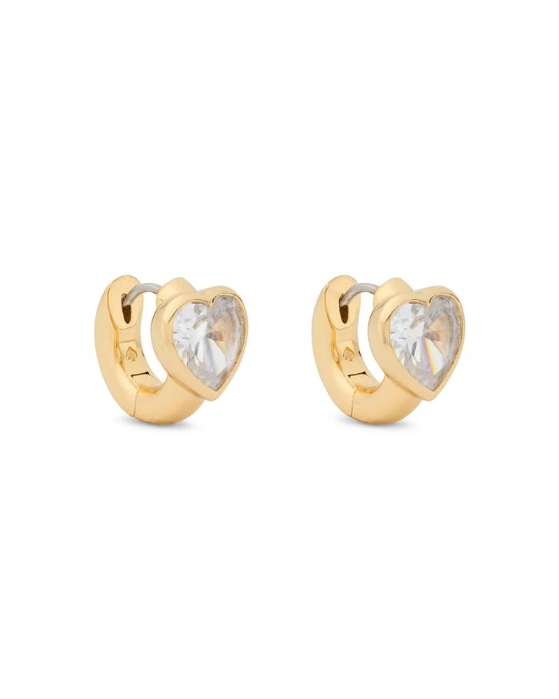Keep Sparkling Stone Heart Huggie Hoop Earrings Gold Tone