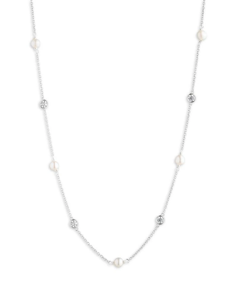Cubic Zirconia & Cultured Freshwater Pearl Collar Necklace in Sterling Silver, 18"-21"