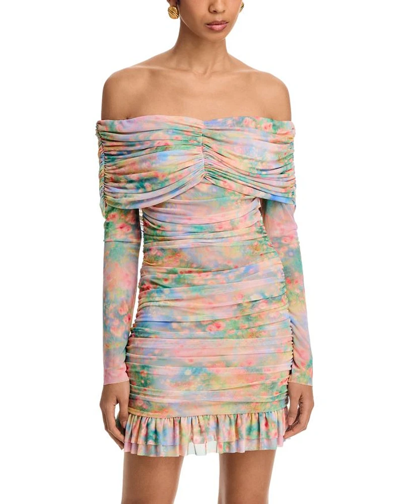 Fay Printed Ruched Off The Shoulder Mini Dress