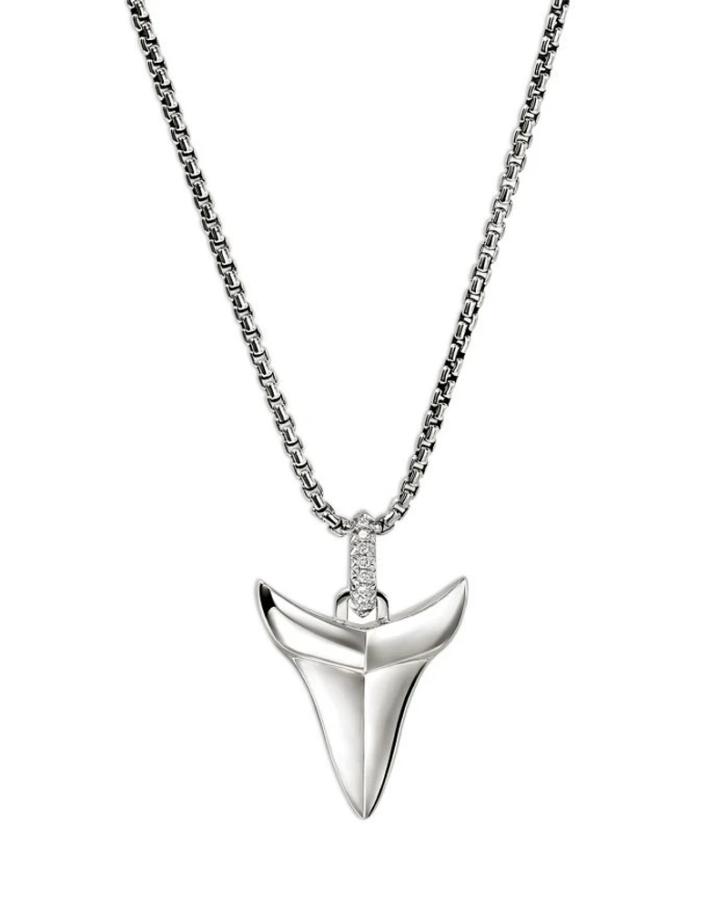 Men's Sterling Silver Modern Talisman Diamond Shark Tooth Pendant Necklace, 22"