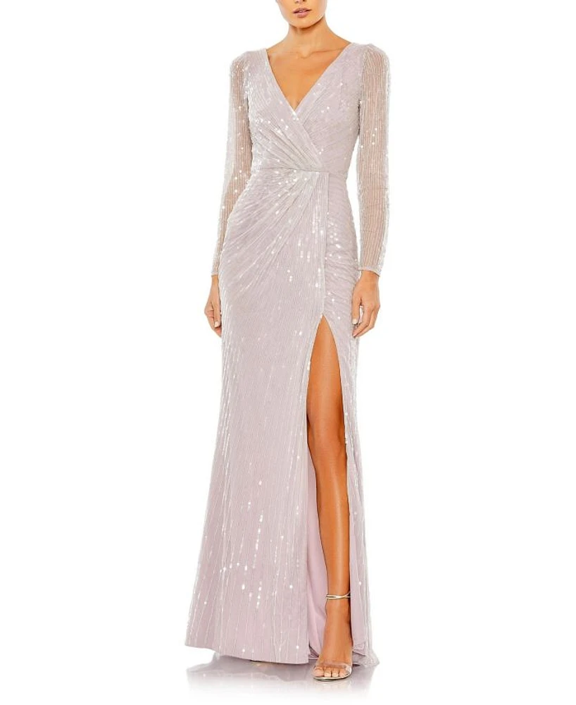 Sequined Faux Wrap Long Sleeve Gown