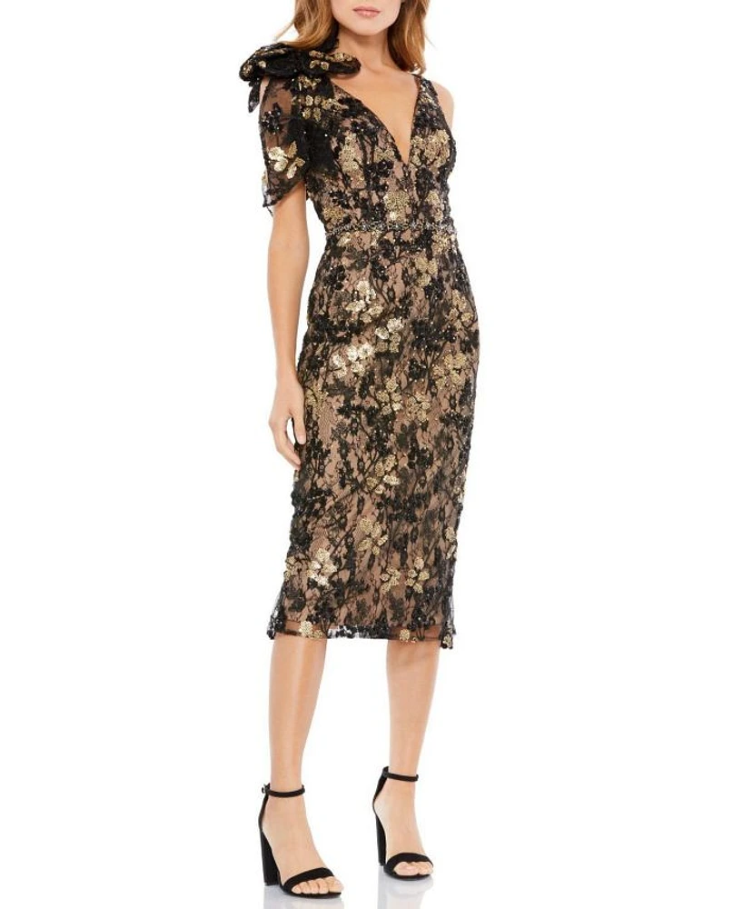 Floral Embellished V-Neck Midi Dress with Shoulder Bow