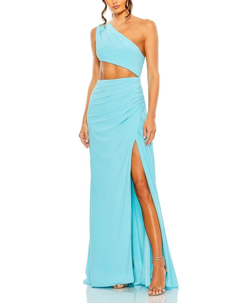 Cut Out One Shoulder Ruched Back Gown