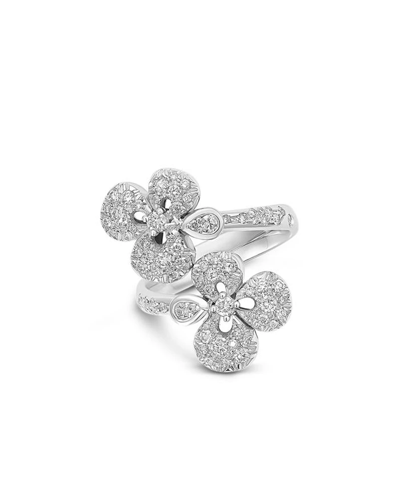 18K White Gold Ischia Diamond Pavé Flower Bypass Ring