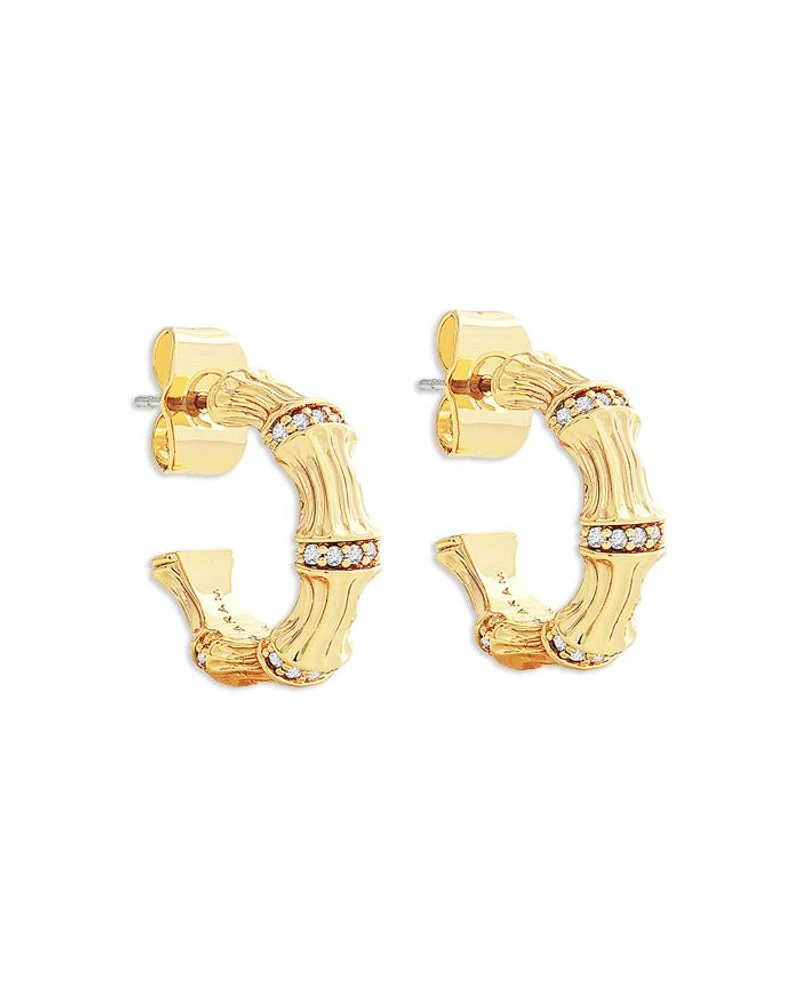 Pavé Bamboo Huggie Hoop Earrings in 18K Gold Plated