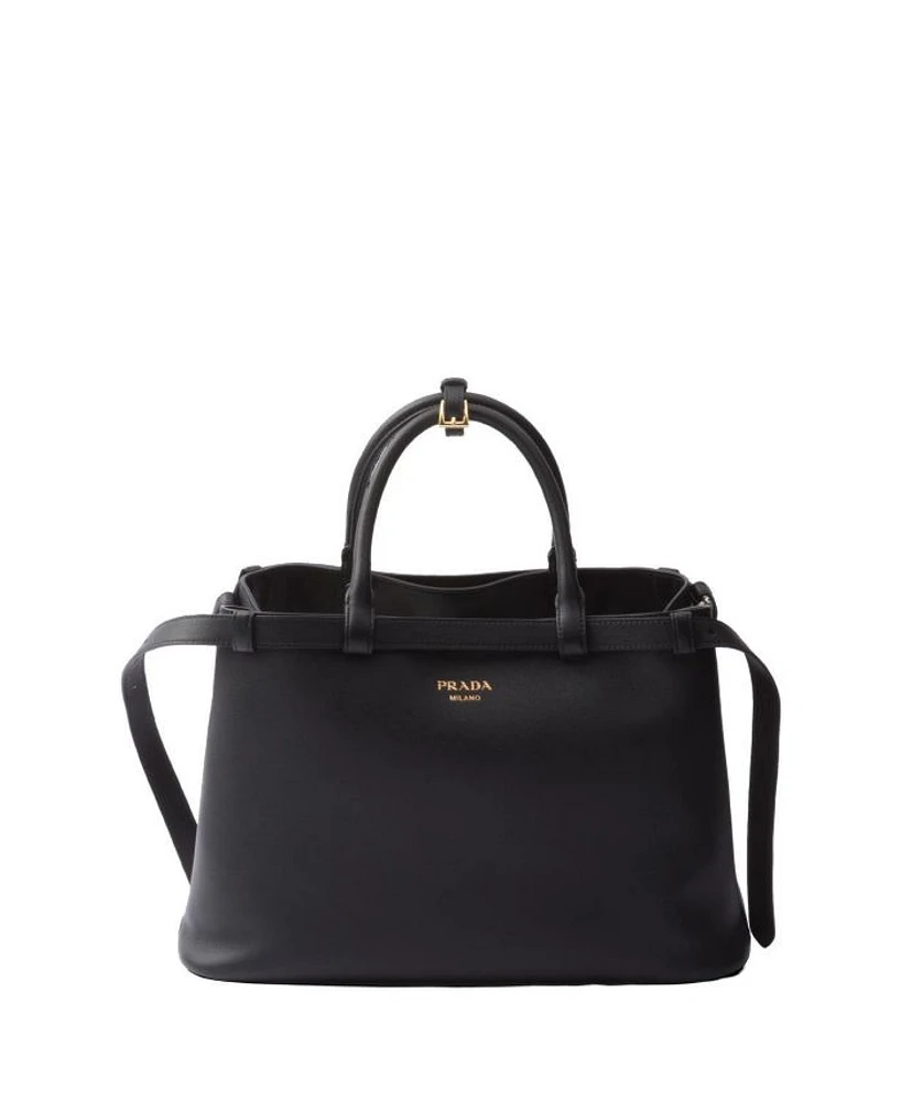 Buckle Medium Leather Handbag with Double Belt