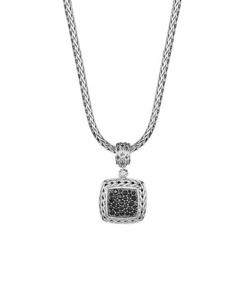 Sterling Silver Classic Chain Medium Square Pendant with Black Sapphire
