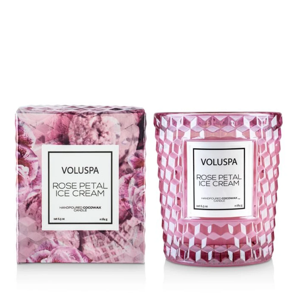 Rose Petal Ice Cream Embossed Glass Candle 6.5 oz.