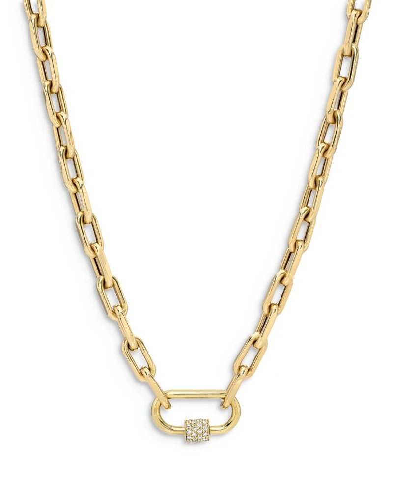14K Yellow Gold Large Open Link Chain with Diamond Carabiner Necklace, 16"