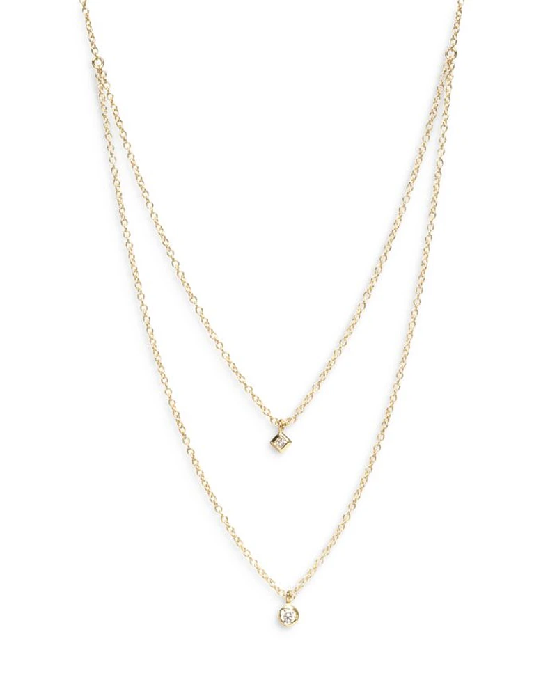 14K Yellow Gold Diamond Princess & Round Layered Pendant Necklace, 16-18"