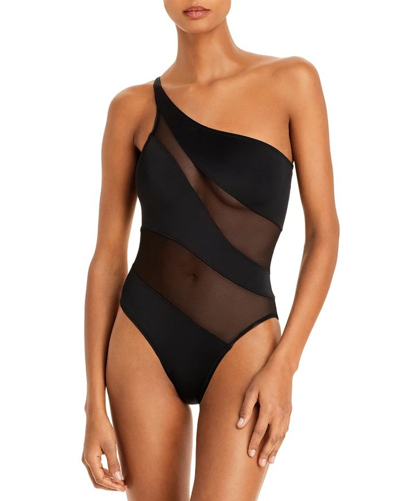 Illusion Mesh One Shoulder Piece Swimsuit