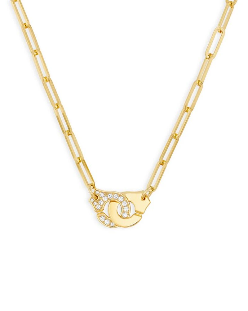 18K Yellow Gold Menottes Diamond Interlocking Ring Pendant Necklace, 17.7"