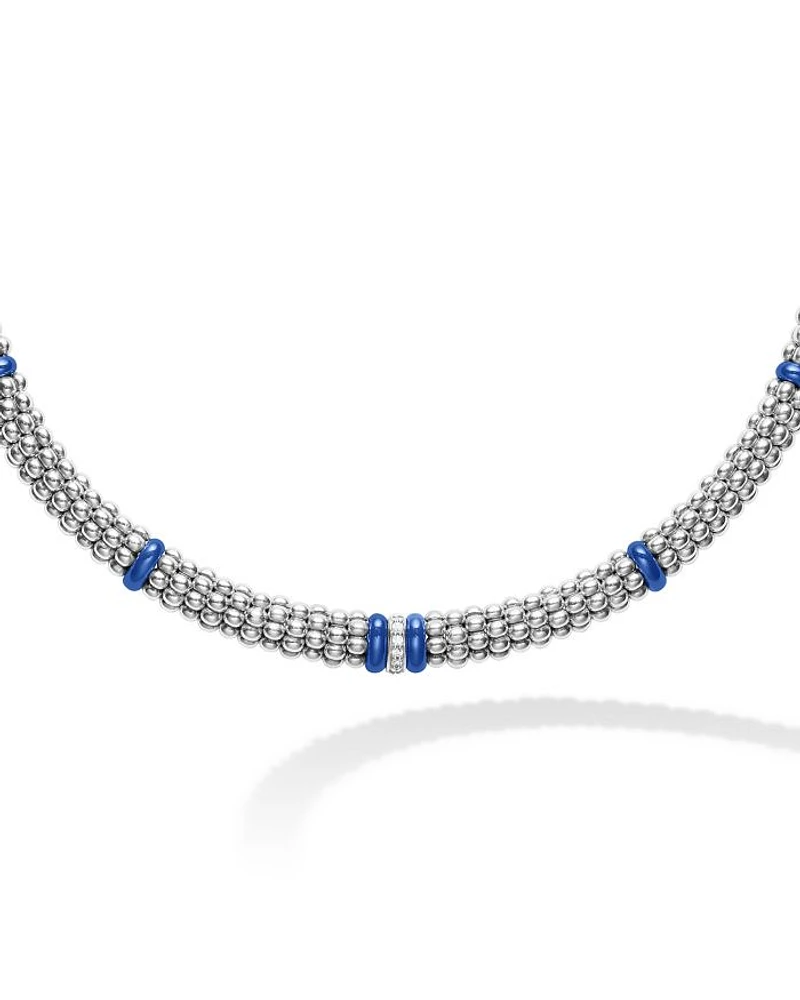18K Yellow Gold & Sterling Silver Diamond & Blue Ceramic Rondelle & Bead Statement Necklace, 16"